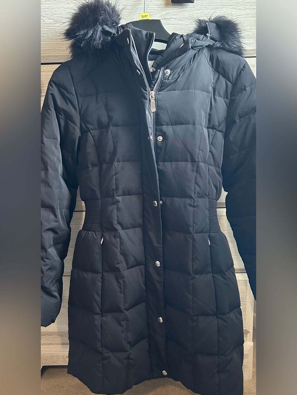 Calvin Klein Black Quilted Puffer Coat with Faux Fur Trim